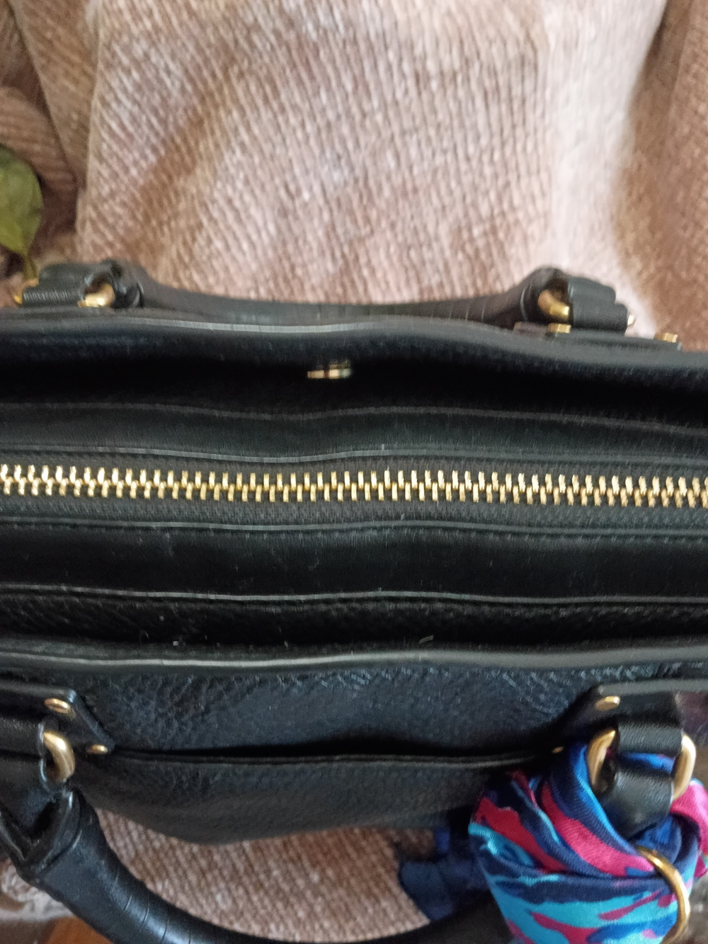 Rebecca Minkoff Black Pebbled Leather Satchel with Blue Multi-Color Scarf - Picture 6 of 16